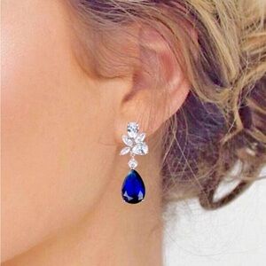 Sapphire Blue Earrings CZ Silver Teardrop Wedding
